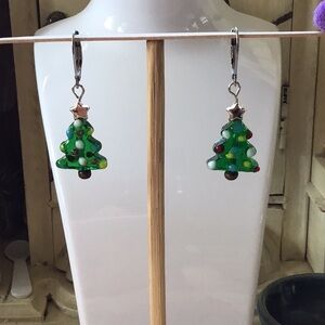 Little Decorated Translucent Green Glass Christmas Tree Earrings!